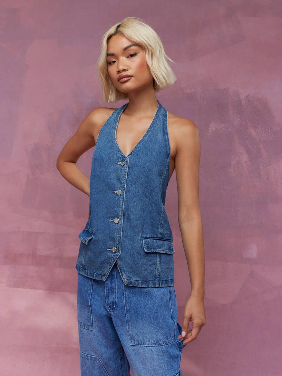 MISSGUIDED 纽扣挂脖式牛仔长款上衣 - 中等水洗藍 - 查看 1