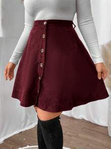 Vionelle Falda A-line simple con botones delanteros para talla grande, uso casual diario, para el Día de Acción de Gracias, color borgoña - Burdeos - Ver 3