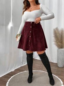 Vionelle Falda A-line simple con botones delanteros para talla grande, uso casual diario, para el Día de Acción de Gracias, color borgoña - Burdeos - Ver 4