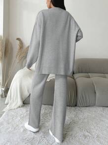 EURMUSE Của phụ nữ Màu thuần Nút phía trước Áo len Mở Và Đan Quần ống rộng Hai chiếc Bộ - Màu Xám nhạt - Xem 2
