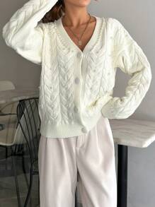 EURMUSE Knitwear Cable Pattern Cardigan With Pearl Placement - White - View 6