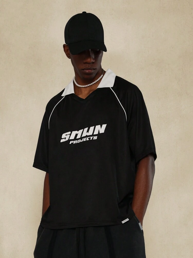 Boxy Mesh Polo Tee With Piping Detail And Graphic Print