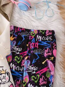 SHEIN Conjunto de 2 piezas para niña: sudadera con capucha y estampado gráfico divertido & leggings, adecuado para otoño/invierno, diario, casual, deportes, ropa urbana
