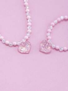 2pcs/Set Girls' Heart Pendant Beaded Necklace And Bracelet Jewelry Set, Suitable For Holiday Parties And Birthday Gifts