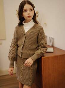 SHEIN Tween 女童秋冬复古罗纹开衫毛衣和罗纹裙套装，驼色蓬松厚 V 领纽扣装，适合派对、休闲外出、购物 - 棕色 - 查看 4