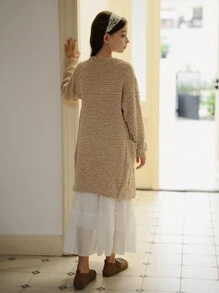 SHEIN Girls Plush Long Sweater Cardigan, Khaki V-Neck, Soft Thick Autumn/Winter Casual Outerwear - Khaki - View 2