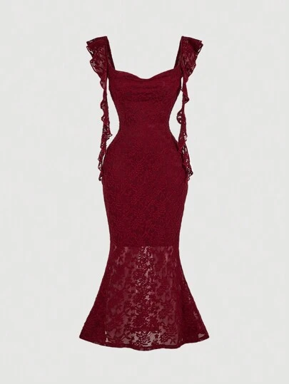 SHEIN MOD Party Dress With Swollen Collar And Fungus Streamers Decorated Apricot Tight Long Dress, Summer Mid-Length Dress, Sexy Dress, Prom Dress, Date Dress, Apricot Dress, Elegant Dress, Flowing Dress, Prom Dress