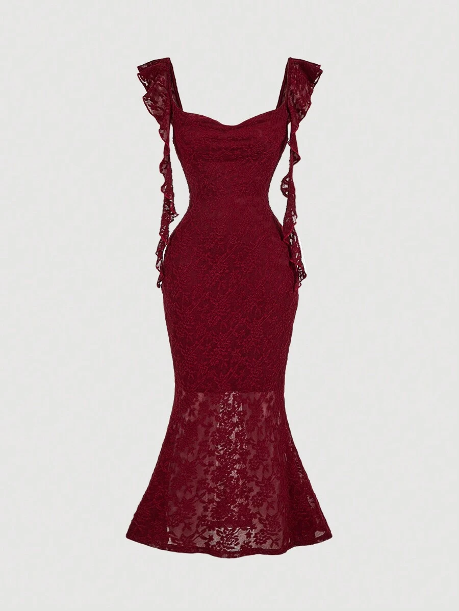 SHEIN MOD Váy dự tiệc cổ phồng và tua rua hình nấm, váy dài bó màu mơ, váy dài vừa phải mùa hè, váy gợi cảm, váy dạ hội, váy hẹn hò, váy màu mơ, váy thanh lịch, váy bồng bềnh, váy dạ hội - Màu Đỏ Sâu - Xem 1