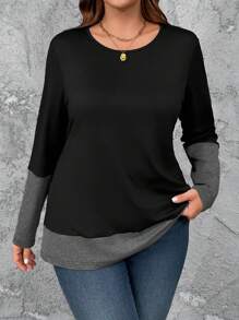 Áo thun dài tay cổ tròn phối màu trơn cỡ lớn, kiểu dáng thường ngày, thích hợp cho nữ mùa xuân thu. - Nhiều màu - Xem 1