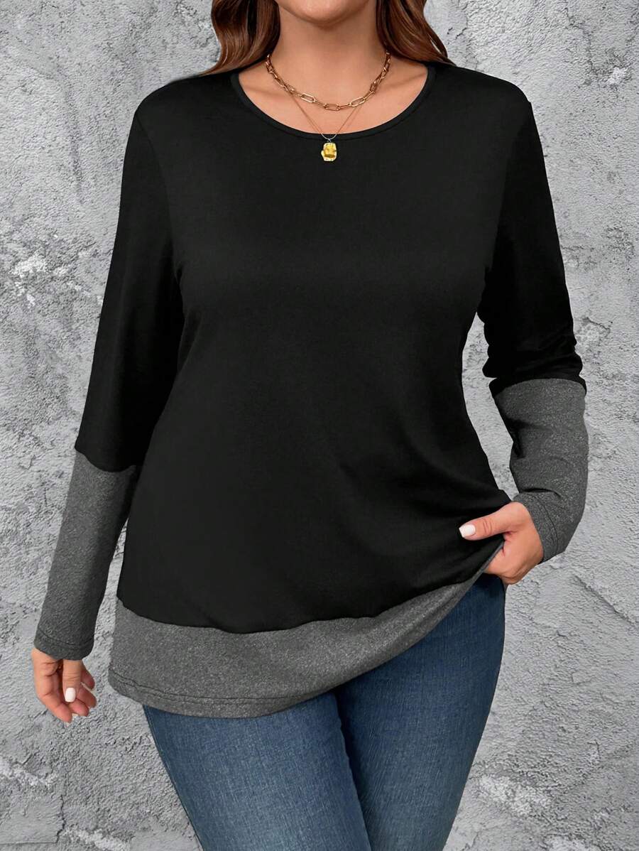 Áo thun dài tay cổ tròn phối màu trơn cỡ lớn, kiểu dáng thường ngày, thích hợp cho nữ mùa xuân thu. - Nhiều màu - Xem 1