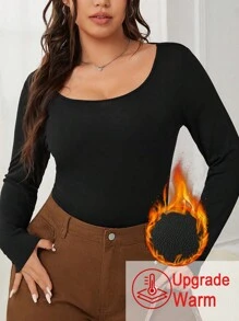 SHEIN EZwear T-shirt à mailles épaisses, doublé thermique, à coupe près du corps et à haute élasticité, pour femmes grandes tailles. Idéal pour l'automne/l'hiver