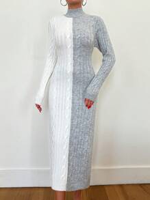 EURMUSE Knitwear Colour Block Bodycon Sweater Dress With Cable Pattern - Multicolor - View 5