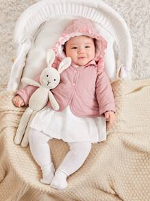 SHEIN Newborn Baby Girl Winter Warm Fleece Diamond Shaped Solid Color Coat With Ruffled Hooded Hat Set - Pink - View 3