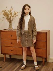 SHEIN Tween 女童秋冬复古罗纹开衫毛衣和罗纹裙套装，驼色蓬松厚 V 领纽扣装，适合派对、休闲外出、购物 - 棕色 - 查看 9