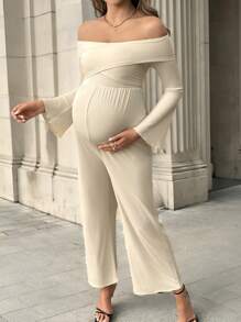 SHEIN Zwangerschaps-off-shoulder bell-mouwen jumpsuit, effen kleur, lente/herfst