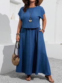 Linhara Plus Size Solid Color Crew Neck Batwing Sleeve Casual Top And Pocket Decoration Skirt 2pcs Set - Blue - View 4