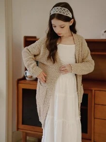 SHEIN Girls Plush Long Sweater Cardigan, Khaki V-Neck, Soft Thick Autumn/Winter Casual Outerwear - Khaki - View 9