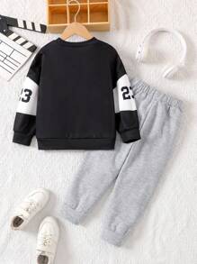 SHEIN 年轻男孩 2 件套休闲服装套装：摩托车赛车速度图标全印花套头衫和拼色慢跑裤，适合秋季、冬季、学校、过渡季节、日常穿着、运动装、街头装 - 彩色 - 查看 2