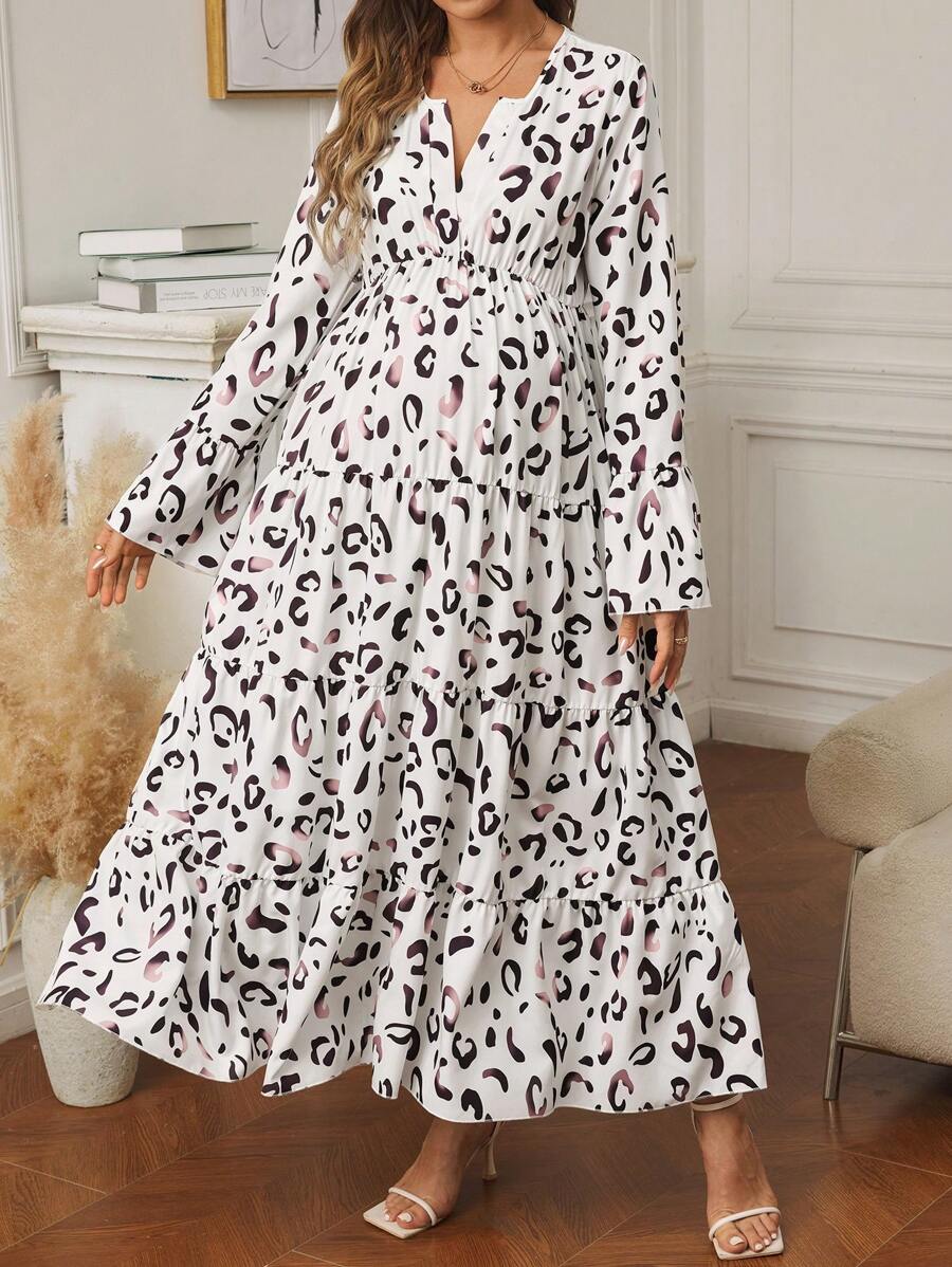 SHEIN Maternity Full Print V-Neck Ruffle Hem Long Sleeve Dress - Multicolor - View 1