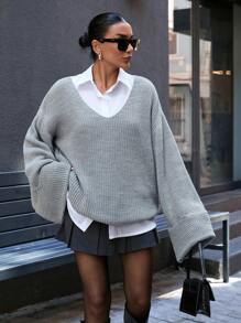 EURMUSE Casual Oversize Deep V Neck Double Flare Sleeve Sweater - Grey - View 5