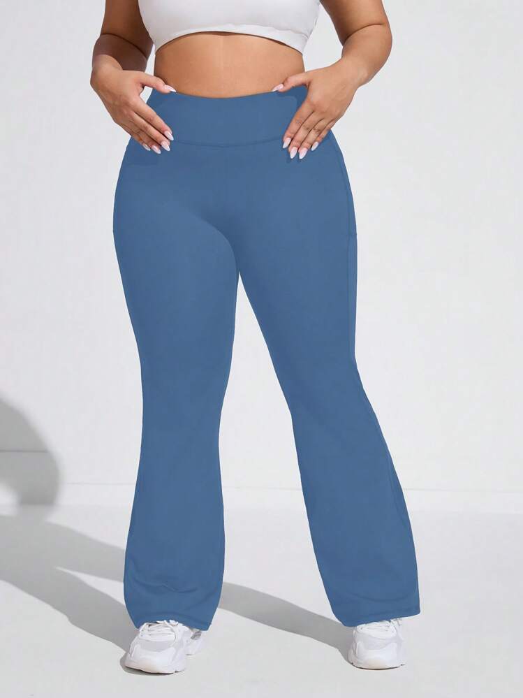 Rhythm Era Plus Size Mid-Waist Side Pocket Flare Leg Casual Sweatpants Yoga Women Pants - Blue - View 5