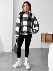 SHEIN EZwear 拉链长袖格子蓬松运动衫，休闲装，长袖上衣，女士秋冬装 - 黑與白 - 查看 4