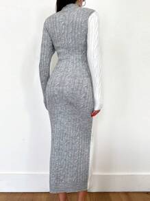 EURMUSE Knitwear Colour Block Bodycon Sweater Dress With Cable Pattern - Multicolor - View 4