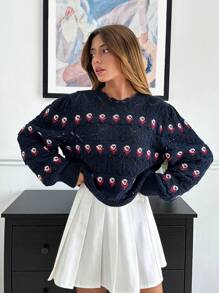 RueChic Cotton Knitwear Pretty Flower Pattern Hollow Out Sweater - Navy Blue - View 6
