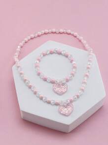 2pcs/Set Girls' Heart Pendant Beaded Necklace And Bracelet Jewelry Set, Suitable For Holiday Parties And Birthday Gifts