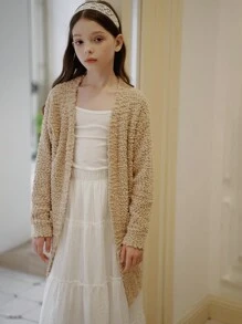 SHEIN Girls Plush Long Sweater Cardigan, Khaki V-Neck, Soft Thick Autumn/Winter Casual Outerwear - Khaki - View 6