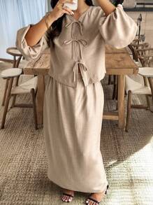 Calvaya 2pcs Plus Size Women Solid Color Tie-Up Long Sleeve Top & Skirt Set - Khaki - View 5