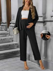 SHEIN 2pcs Maternity Casual Solid Color Long Sleeve Top And Pants Set, Spring & Summer - Black - View 4