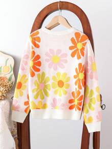 Tween Girls Moda Bonito Estampado Manga Longa Tricô Suéter, Outono/Inverno - Branco - Ver 2