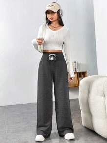 SHEIN EZwear Summer Outfit Letter Patched Wide Leg  Drawstring Waist Sweatpants - Dark Grey - View 3