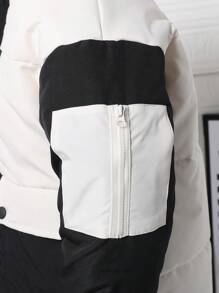 SHEIN 男童休闲百搭运动黑白撞色户外工装夹克，可拆卸连帽，前拉链，适合冬季、日常、学校、保暖、防风、街头服饰 - 白色 - 查看 7