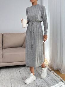 EURMUSE Tall Tall Size Women Solid Color Knitwear Maxi Dress With Cord Detail On Waist,Petite - Light Grey - View 7