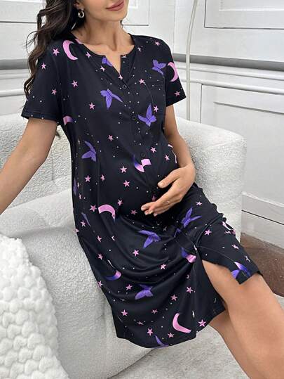 Front Button Short Sleeve Butterfly & Star Moon All-Over Print Maternity Nightgown