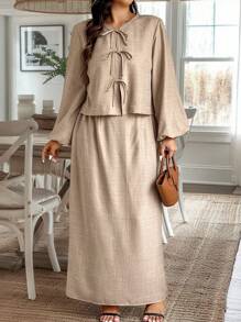 Calvaya 2pcs Plus Size Women Solid Color Tie-Up Long Sleeve Top & Skirt Set - Khaki - View 4