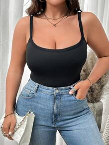 Calvaya Plus Size Spaghetti Strap Backless Solid Color Simplistic Casual Comfortable Bodysuit - Black - View 4