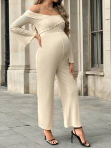 SHEIN Zwangerschaps-off-shoulder bell-mouwen jumpsuit, effen kleur, lente/herfst