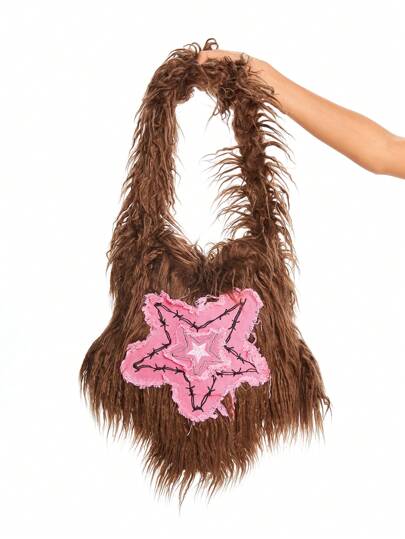 Anime Women's Y2K Retro Star Plush Shoulder Bag, Personalized Contrast Color Fluffy Crossbody Bag For Casual Street