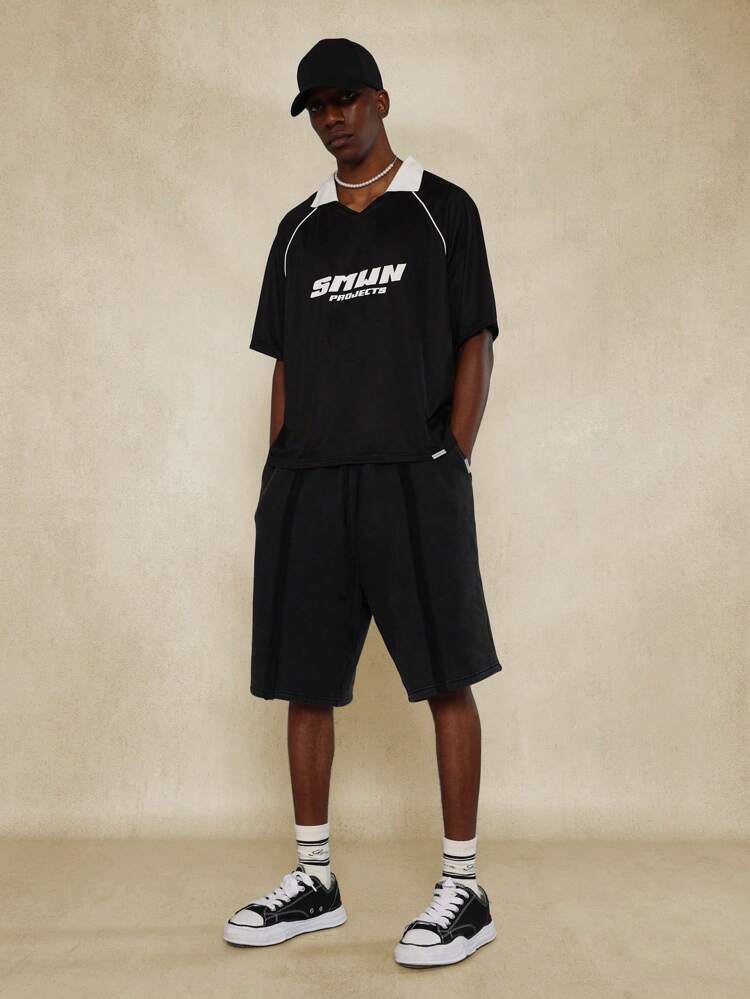 Boxy Mesh Polo Tee With Piping Detail And Graphic Print