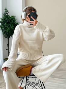 EURMUSE Women High Neck Sweater And Sweater Pant Two Piece Set Outfit Co-Ords - Beige - View 3
