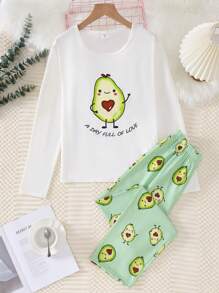 2 pièces Tenue décontractée pour la maison pour adolescentes : top à manches longues et pantalon à imprimé avocat minimaliste - Multicolore - Voir 6