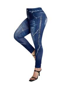 SHEIN PETITE CURVE 2 件大码全印花圆领短袖上衣和紧身裤休闲套装 - 藍色 - 查看 6