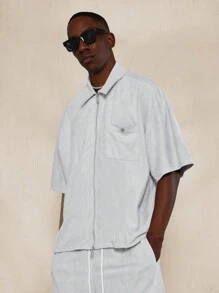 SUMWON Suedette Drop Shoulder Zip Through Shirt And Short 2 Piece Set - Grey - View 3