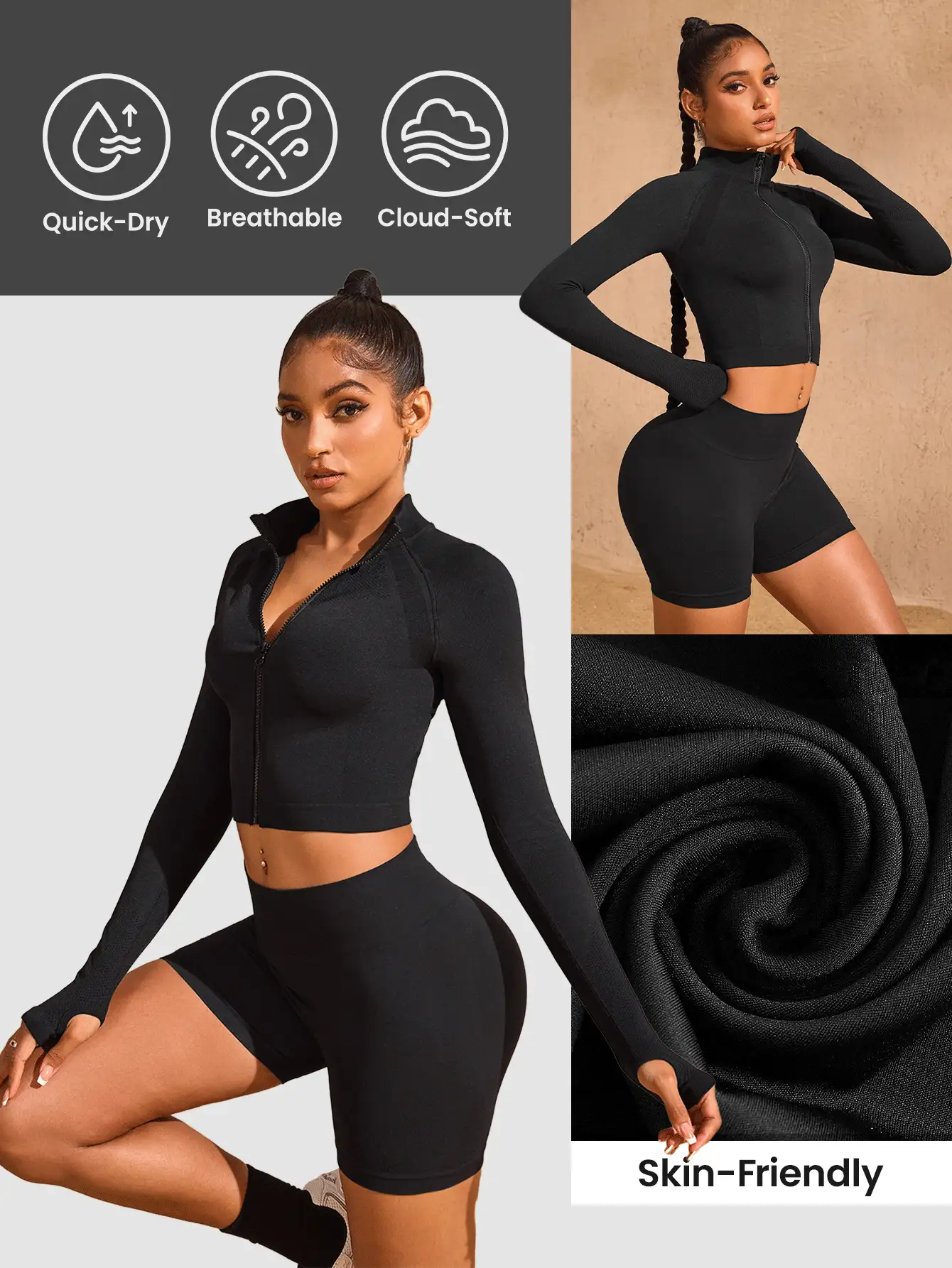 SHEIN Sports Chaqueta deportiva sin costuras con cremallera, mangas raglán y color liso, para primavera y verano