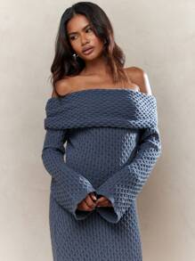 MISSGUIDED 纹理针织褶皱露肩长袖紧身长款毛衣连衣裙冬季服装 - 灰色 - 查看 3