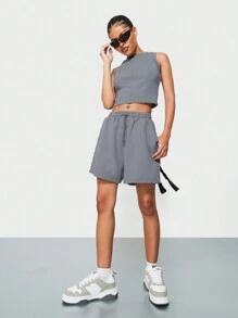 SUMWON WOMEN Two Piece Tank And Shorts Set Relaxed Fit Workout Loungewear Spring Summer Activewear Gym Running Casual - Grey - View 3