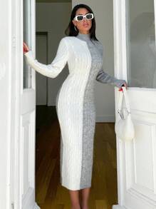 EURMUSE Knitwear Colour Block Bodycon Sweater Dress With Cable Pattern - Multicolor - View 1